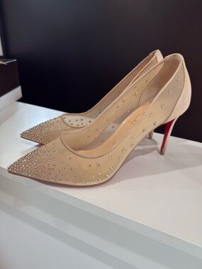 Christian Louboutin Beige Crystal-Studded Pointed-Toe Pumps